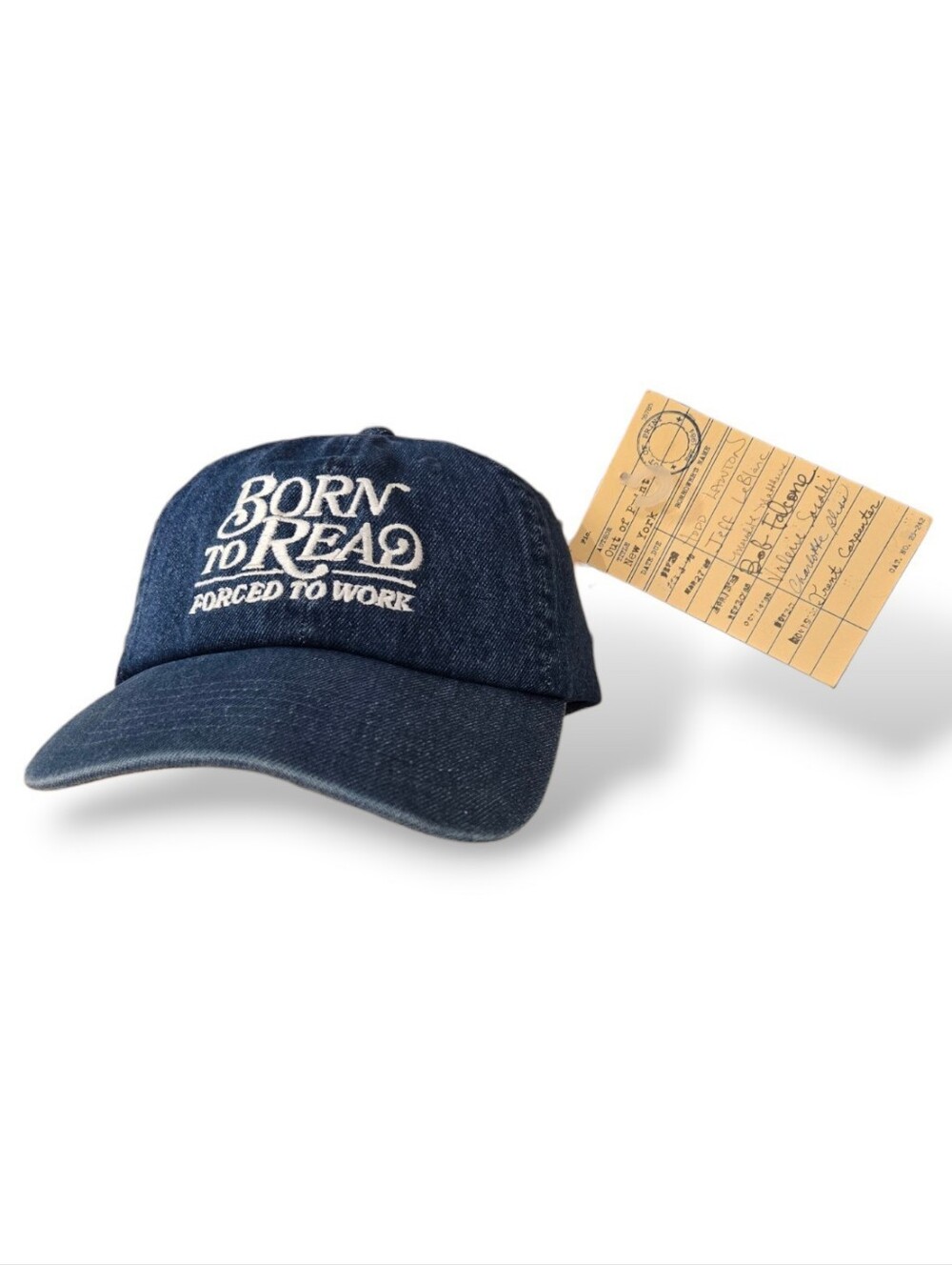 Born to Read, Forced to Work Hat by "Out of Print" Brand Blue Denim Unstructured